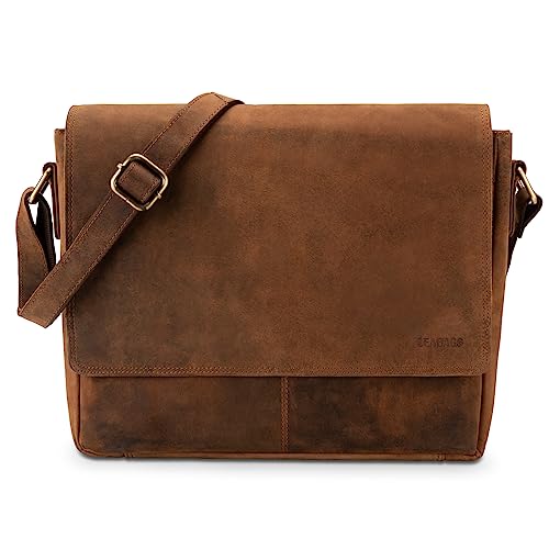 LEABAGS Messenger Bag, GENT Echtleder Aktentasche Herren & Damen, Leder Laptoptasche bis 14 Zoll, Umhängetasche mit Schultergurt