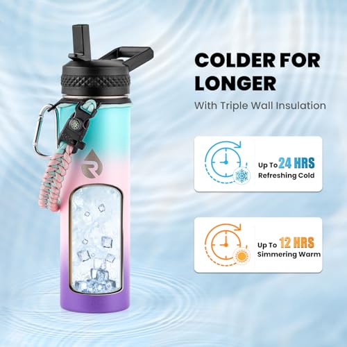 Image of RAYMYLO Insulated Water Bottle 20 oz, Triple Wall Vacuum Stainless Steel (Cold for 24Hrs, Hot for 12Hrs), Leak Proof & Non-BPA, Modern Water Bottle Jug for School with Straw Spout Lids