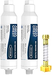 AQUA CREST RV Water Filter, RV Inline Hose Water Filter, Garden and Camper Water Filter, NSF Certified, Greatly Reduces Chlorine, Bad Taste, Odor, 2 Pack with Hose Protector, New Label Design