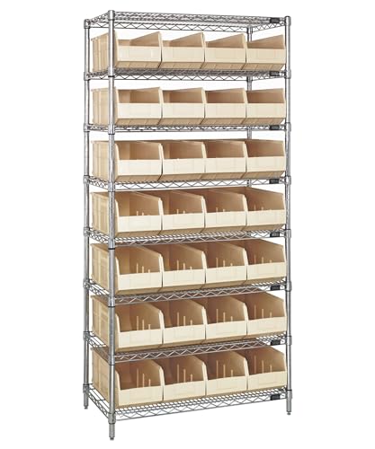Quantum Storage Systems WR8-483IV Wire Heavy Duty 8 Shelves 28 Stackable Shelf Bins Ivory Bins 74" H x 36" W x 21" D