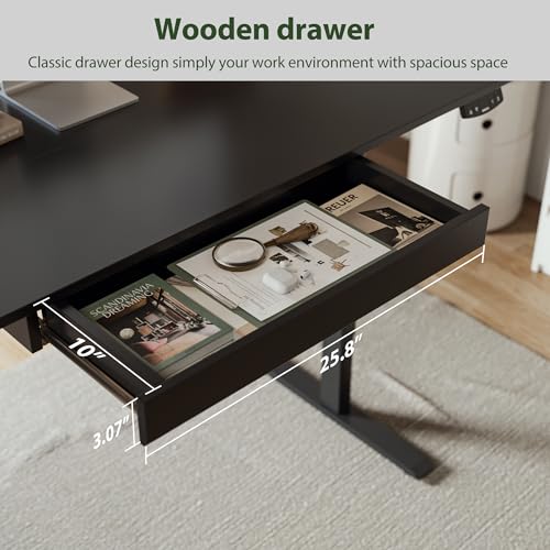 Image of Agilestic Adjustable Height Electric Standing Desk with Storage Wooden Drawer, 55 x 24 Inches Stand Up Home Office Computer Gaming Table with Splice Board for Work Office Home, Black