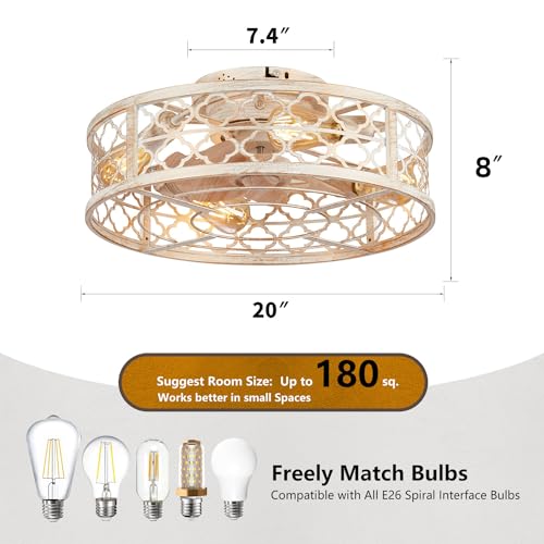 MeZeYo Farmhouse Ceiling Fans with Lights Remote Control,6 Speed Reversible Flush Mount Low Profile Rustic Antique White Ceiling Fan with Light,Boho Bladeless Country Caged Ceiling Light Fixture by MeZeYo - Used condition - Image 4