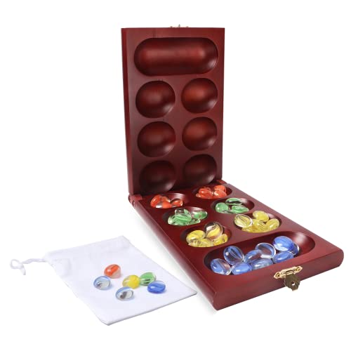 Gse Folding Wooden Mancala Board Game With Multi-Color Glass Stones And Storage Bag, Portable Family Travel Strategy Games Set For Kids & Adults (Mahogany) #TOP7