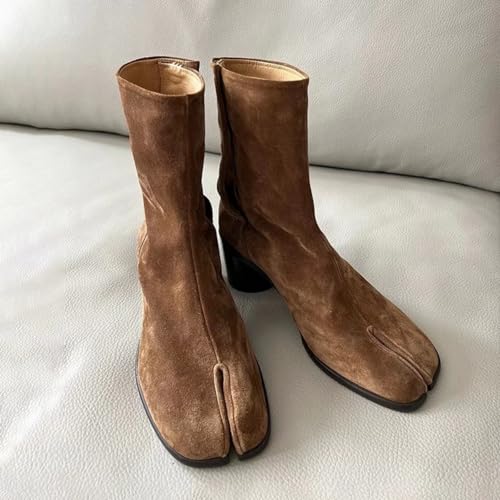 ZQW Cute Suede Ankle Boots for Women with Tabi Style Design Round Mid Heel Fashion Short Boots for Casual Daily Wear Office3