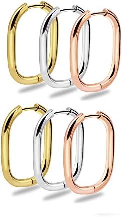 Surgical Steel Earrings Stainless Steel Earrings for Women Chunky Hoop Earrings Huggie Earrings Set 3 Pairs for Men (Silver+Gold+Rose Gold)