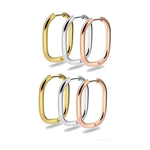Surgical Steel Earrings Stainless Steel Earrings For Women Chunky Hoop Earrings Huggie Earrings Set 3 Pairs For Men (Silver+Gold+Rose Gold) #TOP3