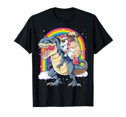 Pug Unicorn Riding Dinosaur T rex Gifts Boys Girls Rainbow Maglietta