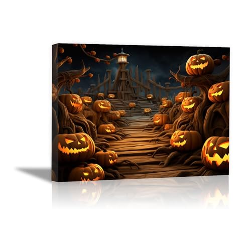Toile Halloween citrouille vintage jaune 50x70 tableau mural encadré salon