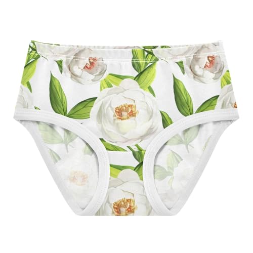 White Peony Flowers Green Leaves Girl Panties Cute Toddler Underwear Custom Cotton Pattern Briefs Undies Kids 2t