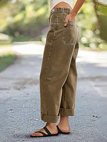 Flamingals Roll Hem Women Mid Waist Comfort Stretch Wide Leg Crop Pants Casual Button Detail Pocket2