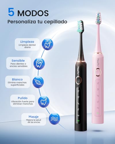 Miniatura 3 de Cepillo De Dientes Eléctrico Sónico Adultos - Cepillo Electrico Sónico Paquete De 2, Con 10 Cabezales Y Estuche De Viaje, 5 Modos, Ipx7 Impermeable, Cepillo Dientes Electrico De Viaje, Negro Y Rosa