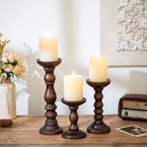 Romadedi Wood Candle Holders for Pillar - Set of 3 Tall Rustic Vintage Wooden Candlestick Holder, Farmhouse Candle Stand for Fireplace Mantle Shelf Table Home Decor, Dark Brown, 6"/ 8.3"/11.8" by Romadedi - Image 2