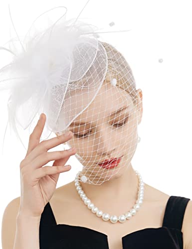 FELIZHOUSE Fascinators for Women Tea Party Hat Birdcage Veil Feather Flower Cocktail Wedding Headband with Clip - Thumbnail 3