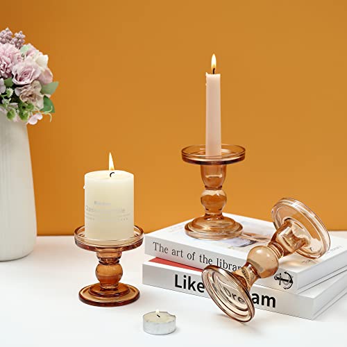 Gmwd 3 Pcs Glass Candle Holder Set Clear, Amber Candlesticks Holders Pillar Taper Candles Tealight Stand For Wedding Centerpieces Home Decorations Dining Table #TOP4