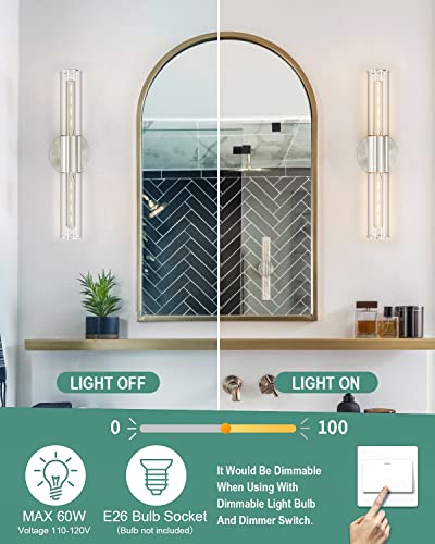 Image of Bathroom Vanity Light Fixture, 2-Light Brushed Nickel Wall Sconce Lighting Fixture with Clear Glass, Indoor E26 Stocket Silver Wall Lamp for Mirror Living Room Hallway(Bulb Not Included)
