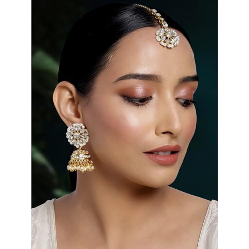 Aheli Kundan Pearl Jhumki Earrings with Maang Tikka Indian Traditional Bollywood Fashion Jewelry Set Gift for Women2