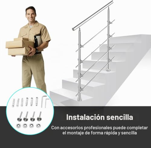 Miniatura 5 de Lospitch Barandilla De Acero Inoxidable Para Balcones, Escaleras, Balaustradas Con Sin Travesaños 150 Cm, 5 Travesaños