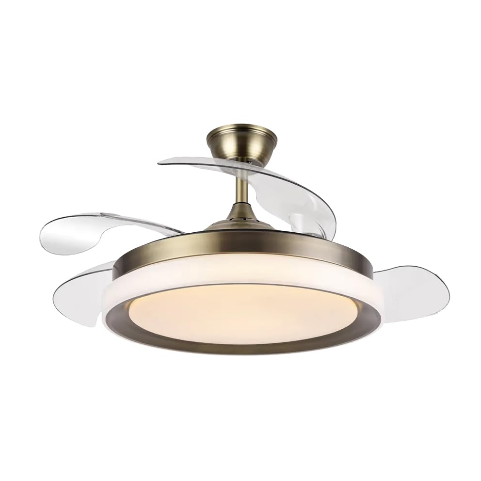 Genérico VENTILADOR DE TECHO CON WIFI, MOTOR SILENCIOSO DC 6 VELOCIDADES,4 ASPAS TRANSPARENTES QUE SE PLIEGAN-RETRACTIL,METAL CUERO,LED 72W CCT, CONTROLADO MANDO, APP Y ASISTENTE DE VOZ ALEXA