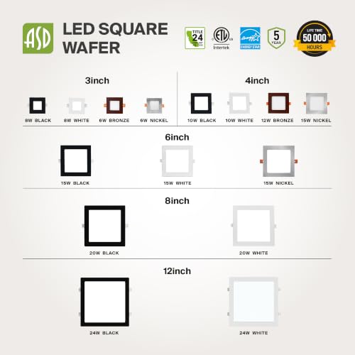 ASD 12 Pack LED Square Recessed Lighting 4 Inch, 5CCT 2700K-5000K CRI90+, Dimmable Ultra-Thin Canless Wafer Lights, IC Rated Ceiling Light Fixtures with Junction Box, ETL Energy Star, White by ASD - Used condition - Image 9
