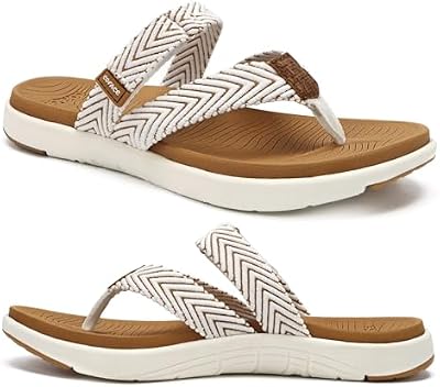 Coface Women's Orthotic Flip Flops with Arch Support – White & Brown Thong Sandals, Size 8