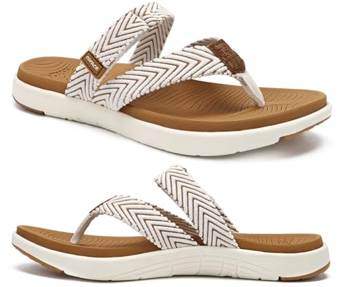 COFACE Womens Orthotic Flip Flops Ladies Slip On Sport Yoga Mat Memory Foam Cushion Recovery Walking Thong Sandals Summer Beach Slippers Comfortable Plantar Fasciitis Arch Support White Brown Size 8.5