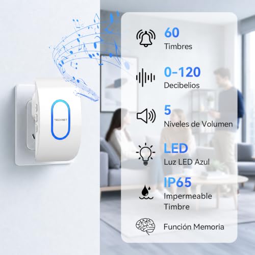 Miniatura 3 de Tecknet Timbre Inalámbrico Exterior Impermeable Con 3 Receptores Enchufables, Ip65 Impermeable Doorbell 400m, 60 Melodías 5 Niveles De Volumen, 3 Modos De Trabajo, Indicador Led, Blanco
