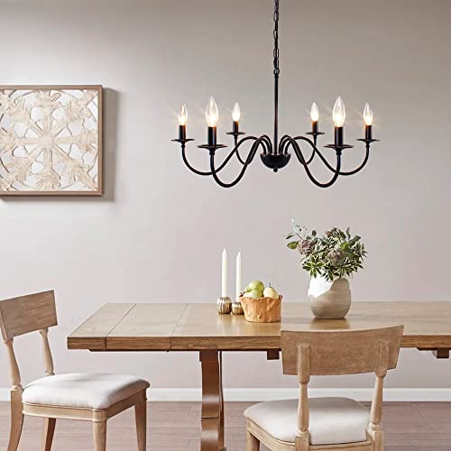 Puzhi Home Black Chandelier 6 Light, Farmhouse Chandelier For Dining Room Industrial Candle Hanging Ceiling Pendant Light For Living Room Foyer Bedroom Kitchen Hallway Office, Bar, Island Lights #TOP2