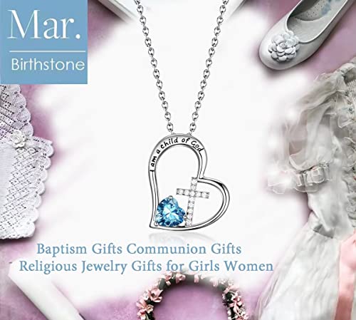 Baowing Heart Cross Birthstone Necklace Baptism Gifts For Girl First Communion Gifts For Girls I Am A Child Of God Pendant Jewelry Goddaughter Daughter Teens Women Granddaughter March #TOP4