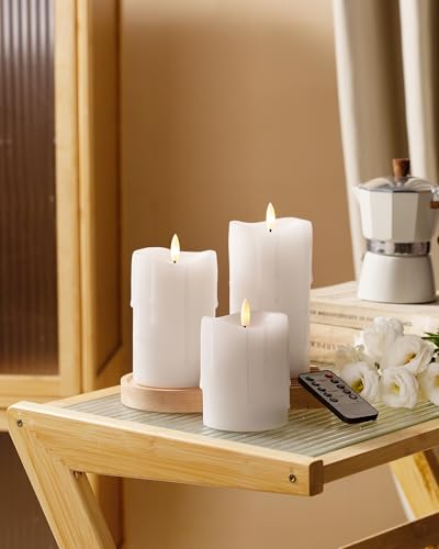 Image of White Flameless Candles with Remote and Timer, Real Wax Made Wax Drip LED Pillar Candles Battery Operated with 3D Flickering Flame Melted Top - 3 inch x 4 inch,5 inch,6 inch - Set of 3