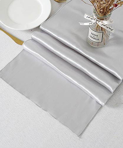 5 Pack Silver Table Runners 12 X 108 Inches Long Smooth Silk Silver Satin Table Runner For New Year Party Valentine's Day Graduations Birthday Banquet #TOP6