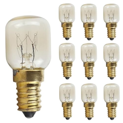 RZL Lighting, Paquete de 10, bombilla for horno microondas AC220V 15W/25W E14 2700K iluminación de 300 grados lámpara de cristal de sal for horno(Oro,25W E14)