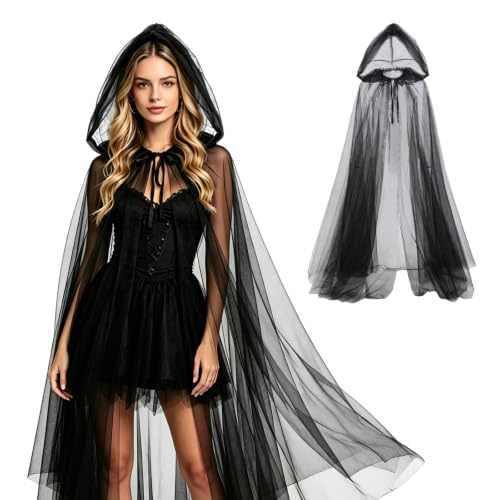FOSDICK Cape Halloween Femme, Halloween Costume Cape Noir à Capuche, 187cm
