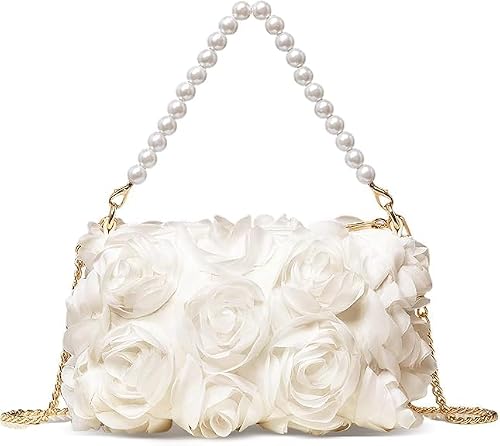 AIEDECOPT Blumen Clutch, Blumen Abendtasche, 3D-Blumendesign, mit Perlen- und Metallketten, Elegant Clutch Handtasche Blumens, für Hochzeiten, Bälle, Partys (Weiß)