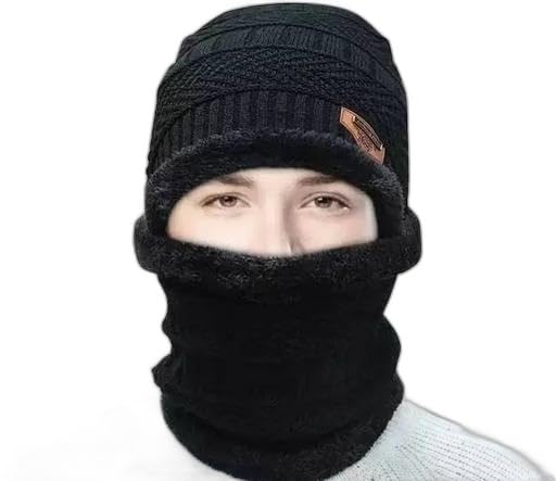 Men & Women Woolen Cap and Neck Warmer Scarf Set Knitted Fur Lined Winter Neck Scarf Beanie-image-28