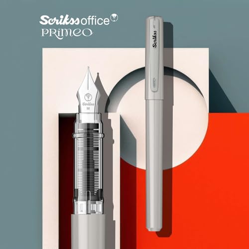 Image of Scrikss Primeo Medium Nib Fountain Pen | 3 Cartridges Included | Stainless Steel Nib & ABS Body | Grey | in Blister Pack