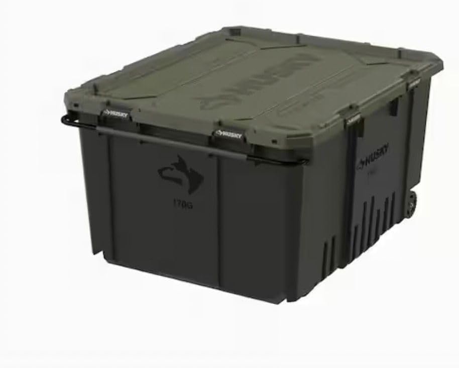 Husky 170 Gallon Pro Grip Storage Tote Wheeled with Steel Handle, 48.6 x 40.1 x 27.4 inches (Black and army green)