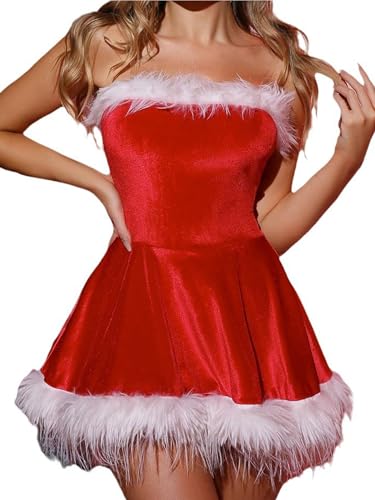 Lshyuehao Mrs Claus Costume for Women Christmas Santa Costume Dress Fancy Dress Xmas Outfit Velvet Cosplay Party Dress (D-Red, S)