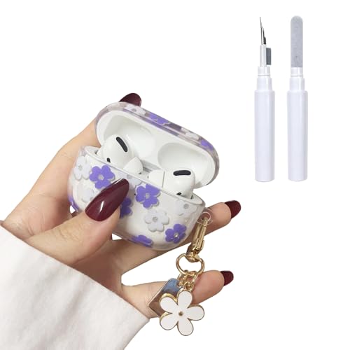 Faneiy AirPods第4世代ケース キーチェーン付き、かわいいクリアパープルフラワーフローラル保護イヤホンカバー、AirPods4ケース用ソフト透明TPUケース レディース ガールズ（Amazon）