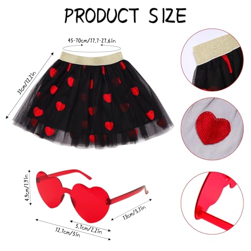 Image of 3Pcs Valentine's Tulle Skirt Sets Heart Embroidered Ballet Skirt with Heart Glasses Ponytail Headband for Girls