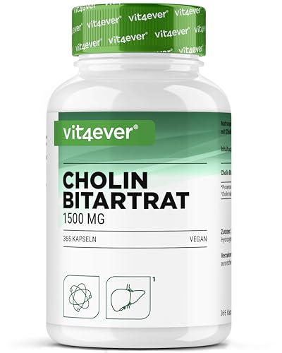 Cholin Kapseln - 365 Kapseln mit 1500 mg Cholin Bitartrat pro Tagesdosis - Über 6 Monate Reichweite - Leber, Homocystein & Fettstoffwechsel - Natürlich, hochdosiert, vegan