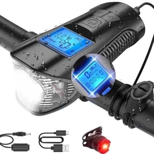 220LM LED Bike Front Light with Horn & Speedometer, USB Rechargeable IP4 Waterproof ABS Flashlight, 3-5h Runtime Night Riding Headlight with Tailight for Mountain Road Bikes (Black) by cheyue - Used condition - Image 7