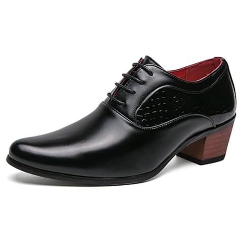 Men's Leather Block Heels Oxford Shoes Pointed Toe Lace up Comfort Breathable Chunky Heels Dress Shoes for Business Work Dating (Black,9) Cover