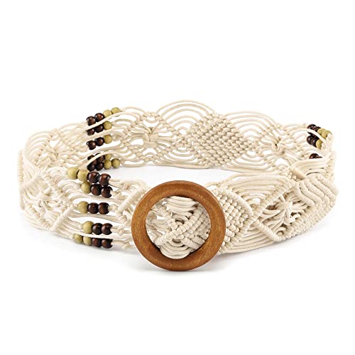 Ayliss Women Woven Waist Belt Cotton Crochet Summer Beach Handwoven Rope Braided Skinny Dress Belt Fashion Bohemian Beads (Ivory White) #TOP19