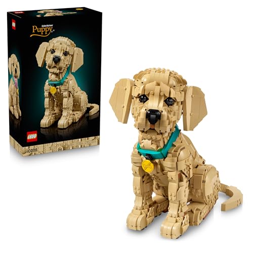 LEGO Icons Le Chiot Golden Retriever - Set de Construction pour Adulte - Maquette 3D - Figurine d'Animal - Collier & Médaillon - Décoration Étagère ou Bureau DIY - Loisirs Créatifs - Idée Cadeau 11384