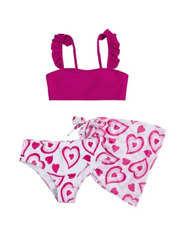 SHENHE Girl's 3 Piece Ruffle Trim Swimsuit Cute Heart Print Bathing Suit with Cover Up Skirt