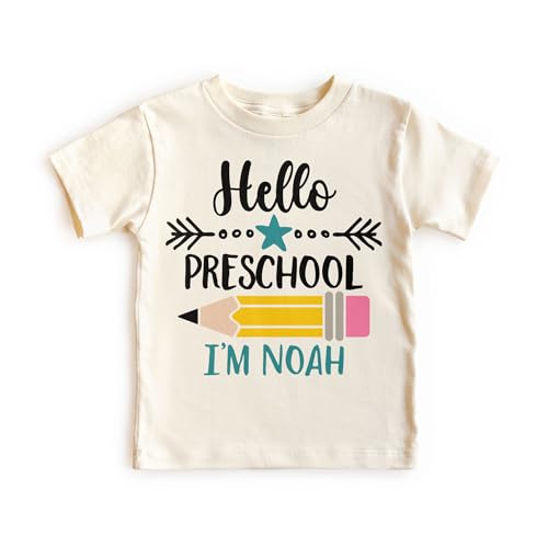Hello Preschool Personalized Shirts For Boys - Custom Name Back To School Pencil Outfit - Cute Gift For First Day Of School Announcement - Natural Toddler & Youth T-Shirt
