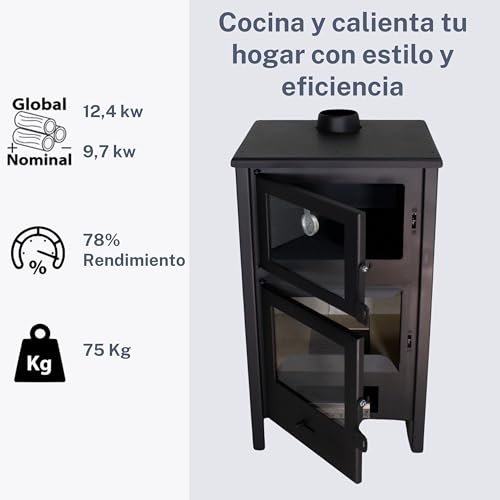 Miniatura 4 de Eider Biomasa Estufa De Leña Interior Con Horno Quartz 12,4 Kw, Frontal En Fundición, Hasta 210 M , Salida Superior Ø120 Mm