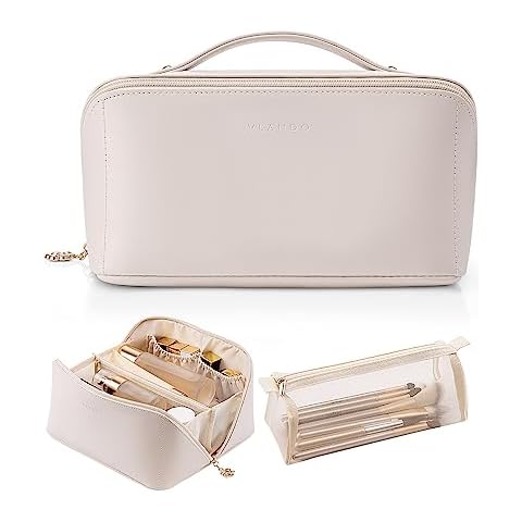 Vlando Travel Makeup Bag, Make up Bag Travel Toiletry Bag for Women Open Flat Makeup Organizer with Divider and Handle,Christmas Gifts for Women-White Cover