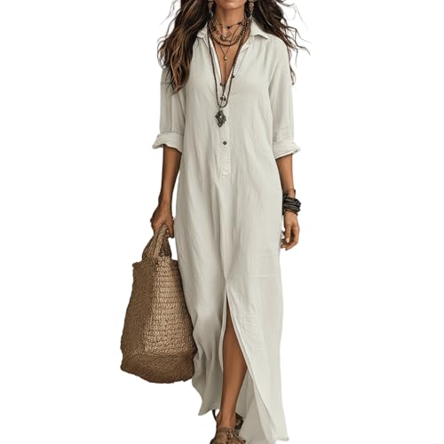Robes en lin pour femmes UK - Robe longue à manches longues boutonnée en lin pour dames - Robe décontractée bohème - Robe de plage et de vacances - Robe de bureau pour femmes, blanc, M