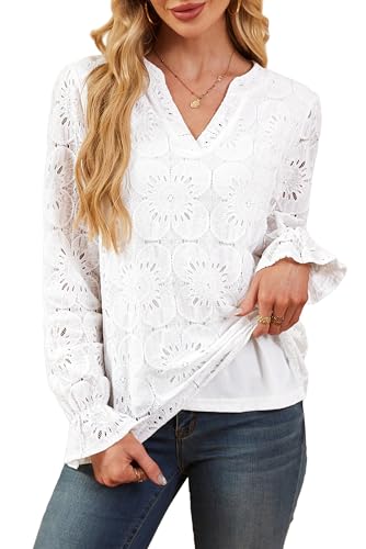 RUMIA Womens Blouses V Neck Eyelet Lace Tops with Lining Dressy Sheer Long Sleeve Shirts Embroidered Blouses 2025 Fashion2